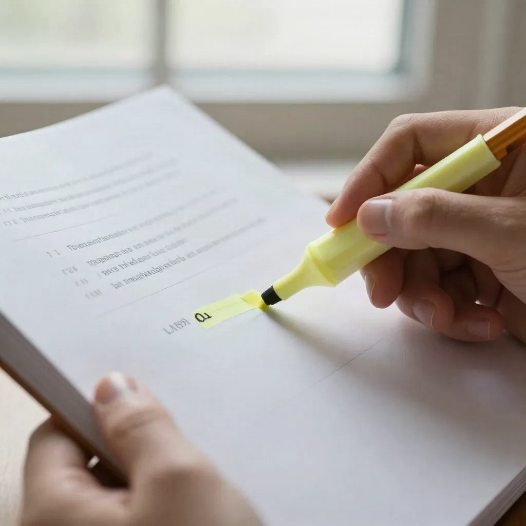 Hands highlighting a printed page with margin notes in pencil