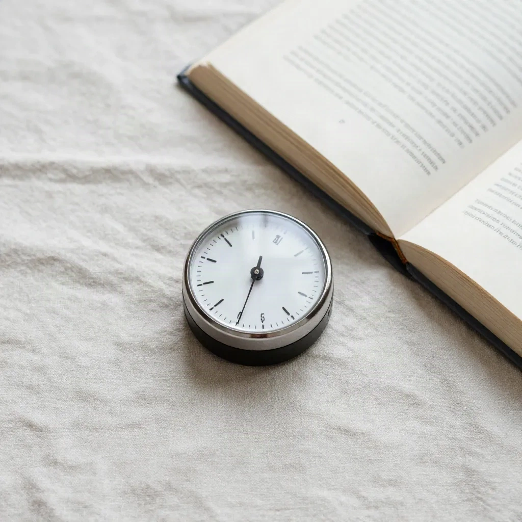 Analog timer resting next to an open book on a linen cloth