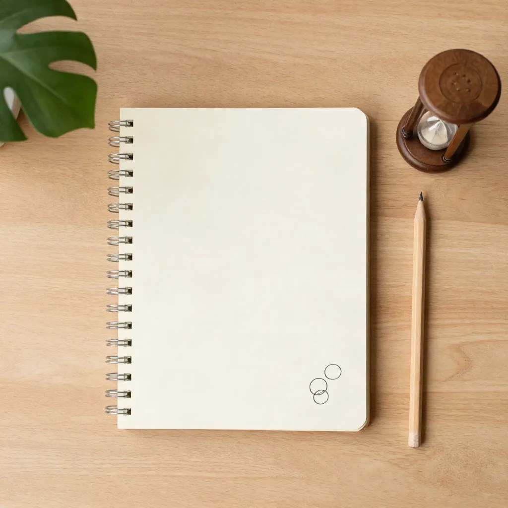 A blank notebook with three hand-drawn circles beside a pencil and a small timer