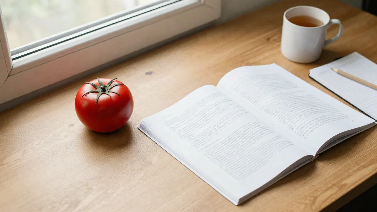 Eine rote Tomate neben einem aufgeschlagenen Buch auf einem sonnigen Holzschreibtisch, der Ursprung der Pomodoro-Technik