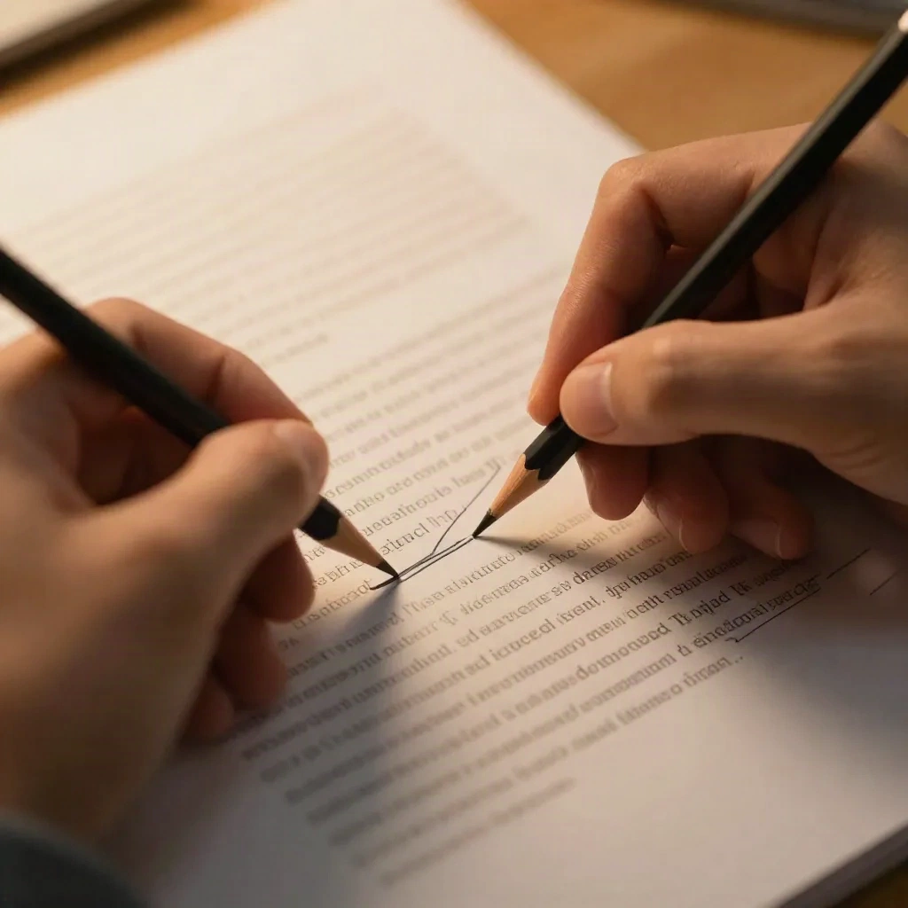 Mains soulignant un paragraphe dans un article de recherche imprimé avec un crayon