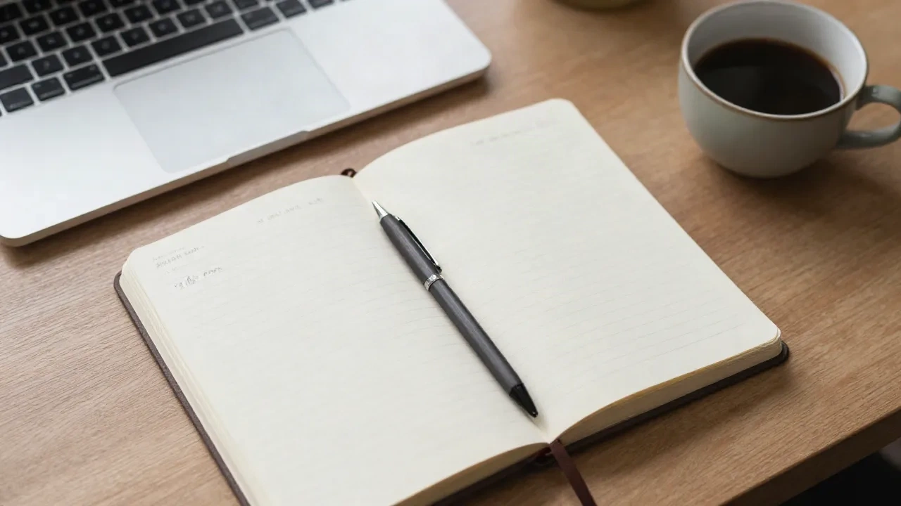 Notebook kertas terbuka dan pena di meja kayu di samping laptop tertutup dan secangkir kopi