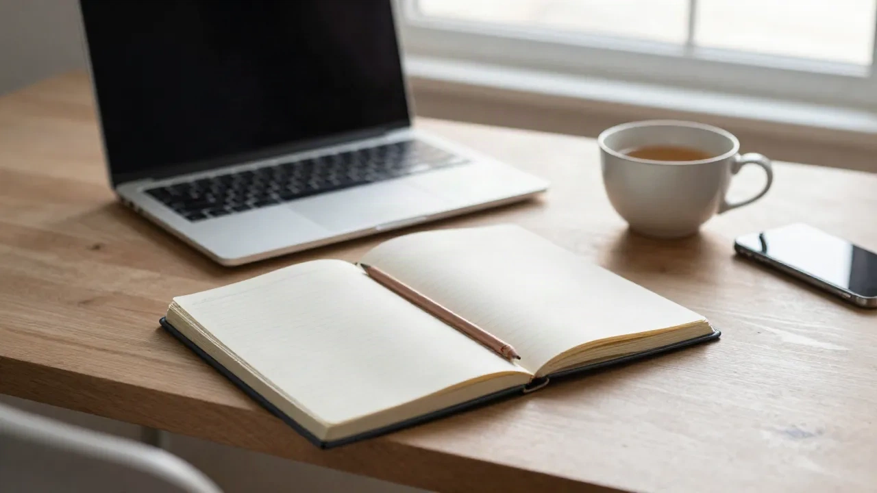 A calm desk with an open notebook, a pencil and a phone placed face down