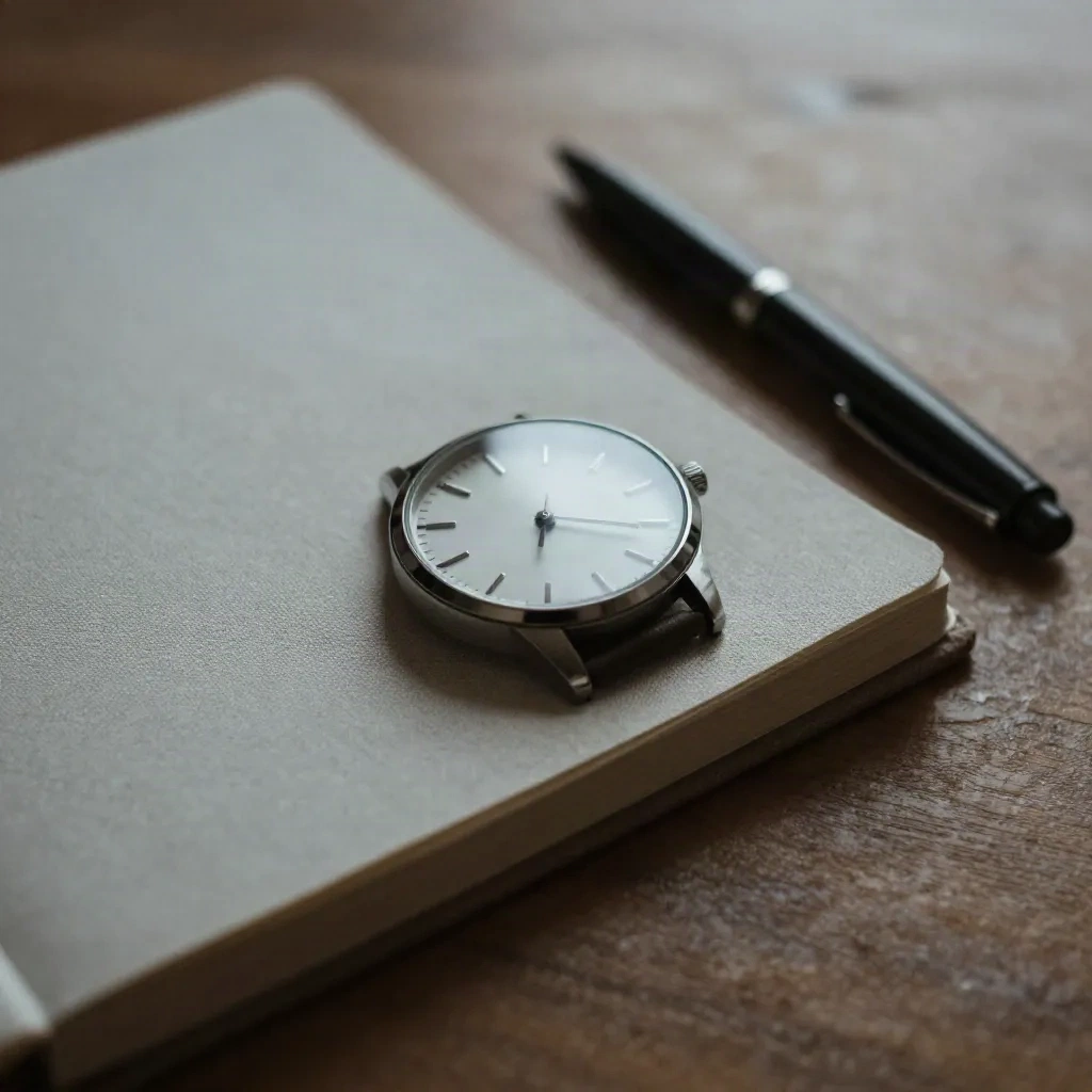 Jam tangan analog berbentuk bulat di atas notebook tertutup di sebelah pena