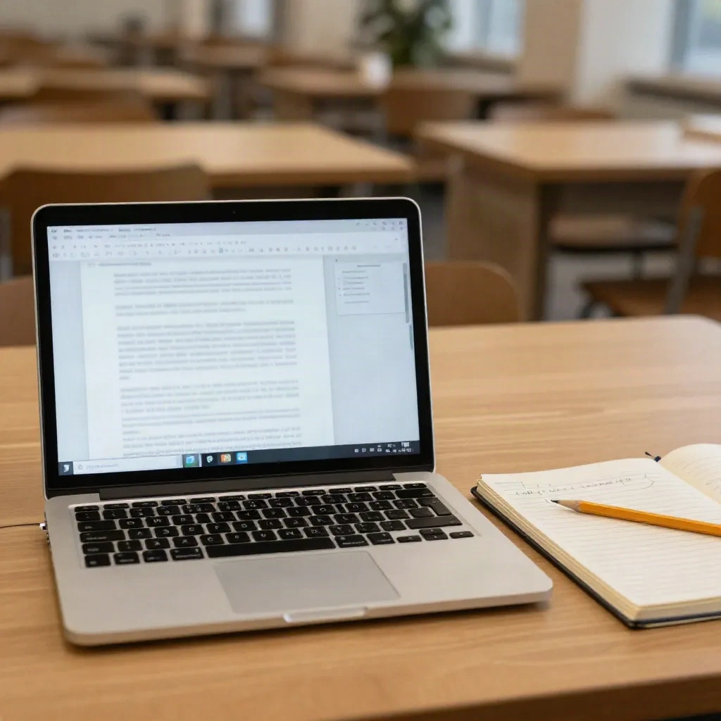 Laptop and notebook with a short handwritten summary paragraph