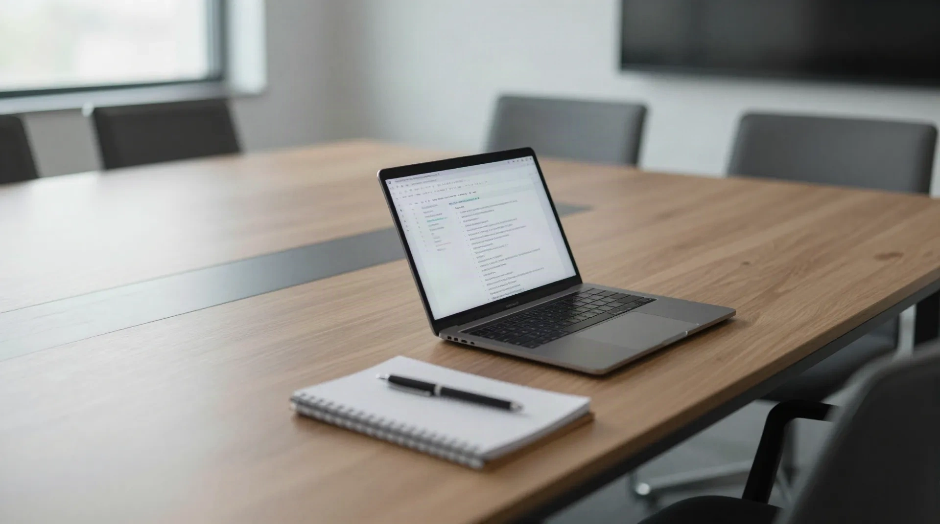 Laptop with structured notes and a notebook on a meeting room table
