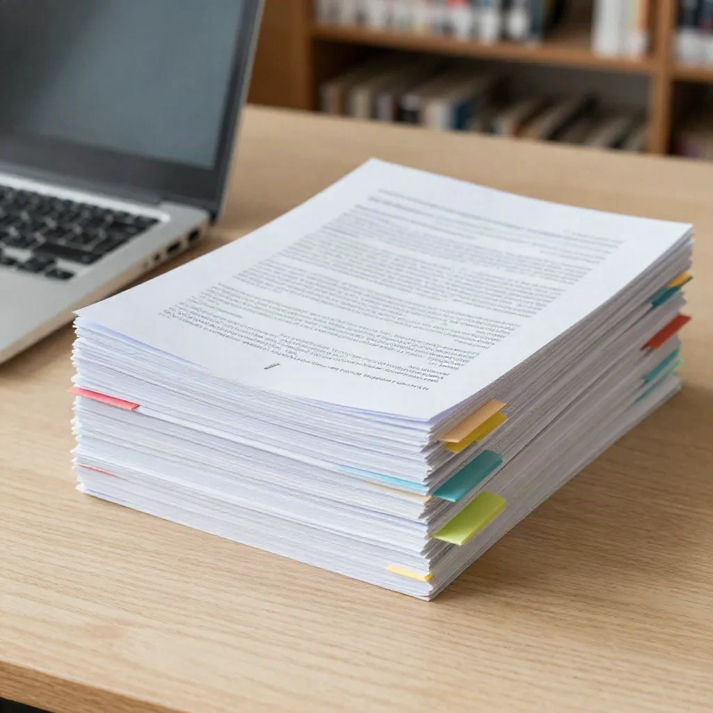 Stack of printed research papers with colored tabs beside a closed laptop