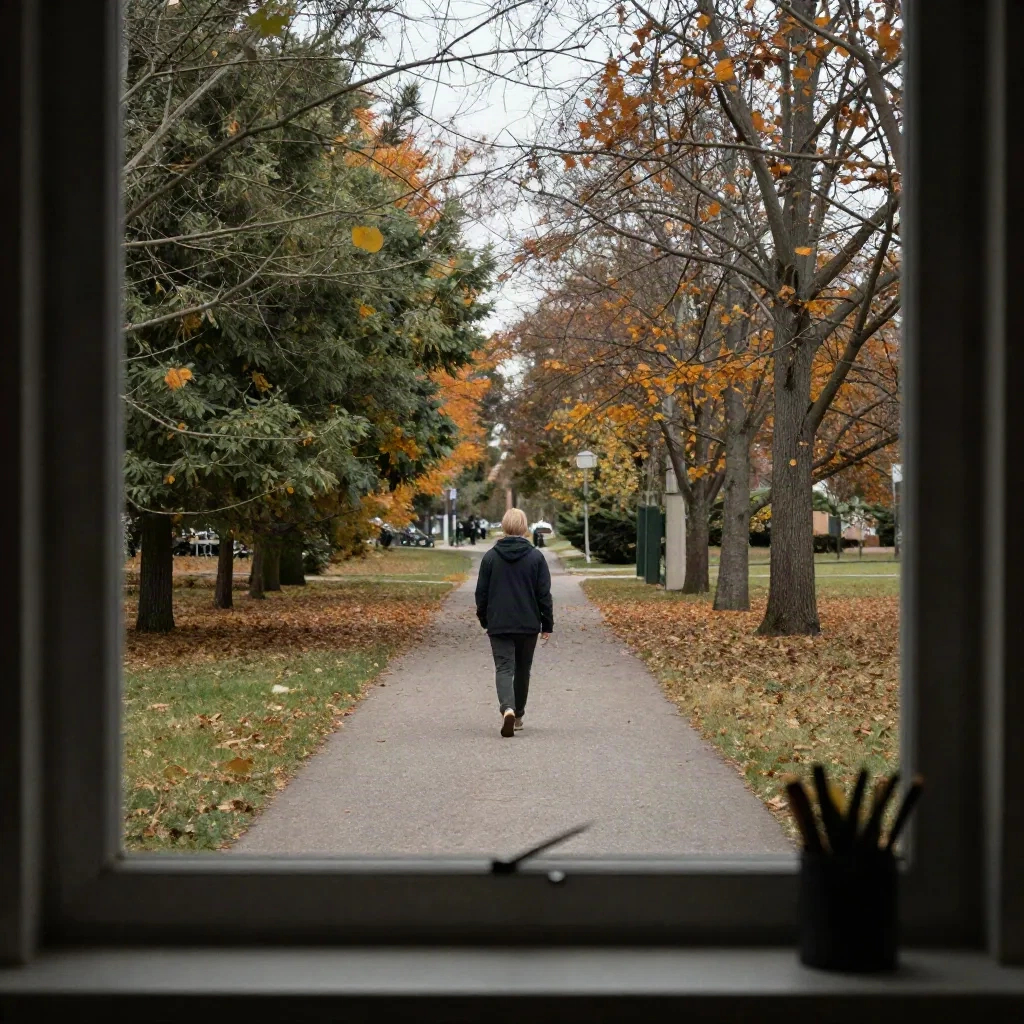 Vue par une fenêtre d'une personne qui fait une courte promenade en extérieur, en automne, entre deux sessions de travail
