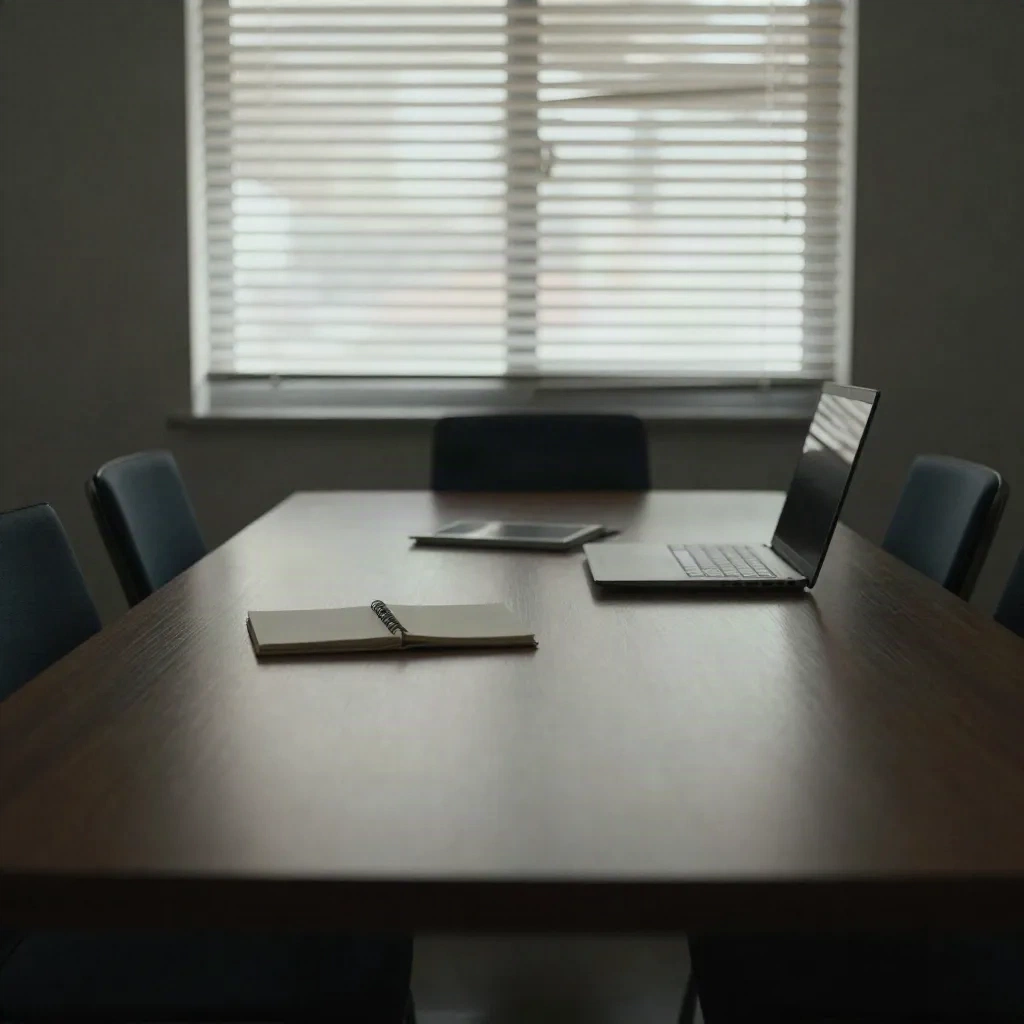 A quiet meeting room table with a notebook and laptop after the meeting ended