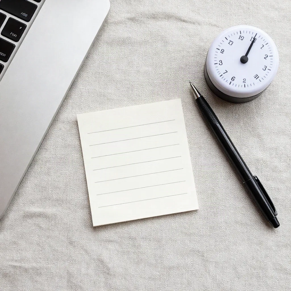 Une fiche avec des notes manuscrites à côté d'un ordinateur portable fermé et d'un minuteur mécanique