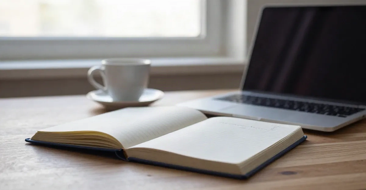 Open notebook and laptop on a wooden desk in morning light