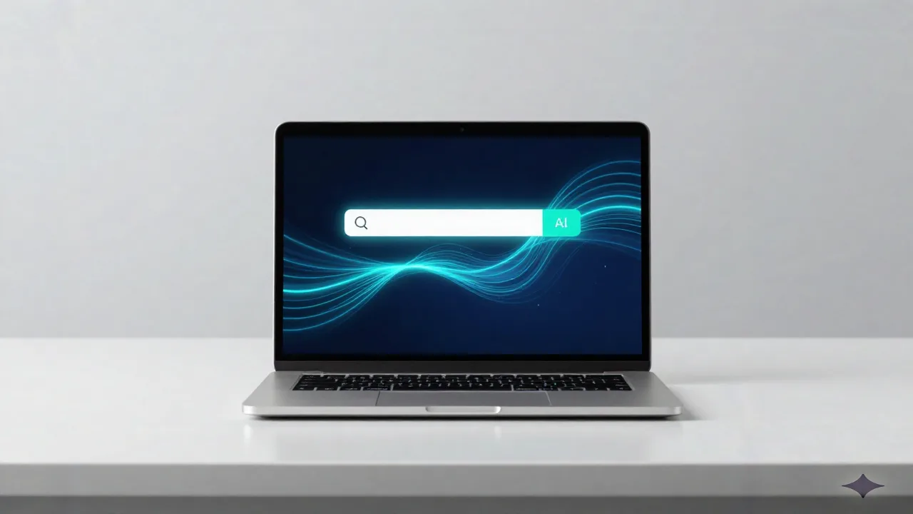 A modern workspace showing AI search interface on laptop with data flows in blue and teal, representing generative engine optimization