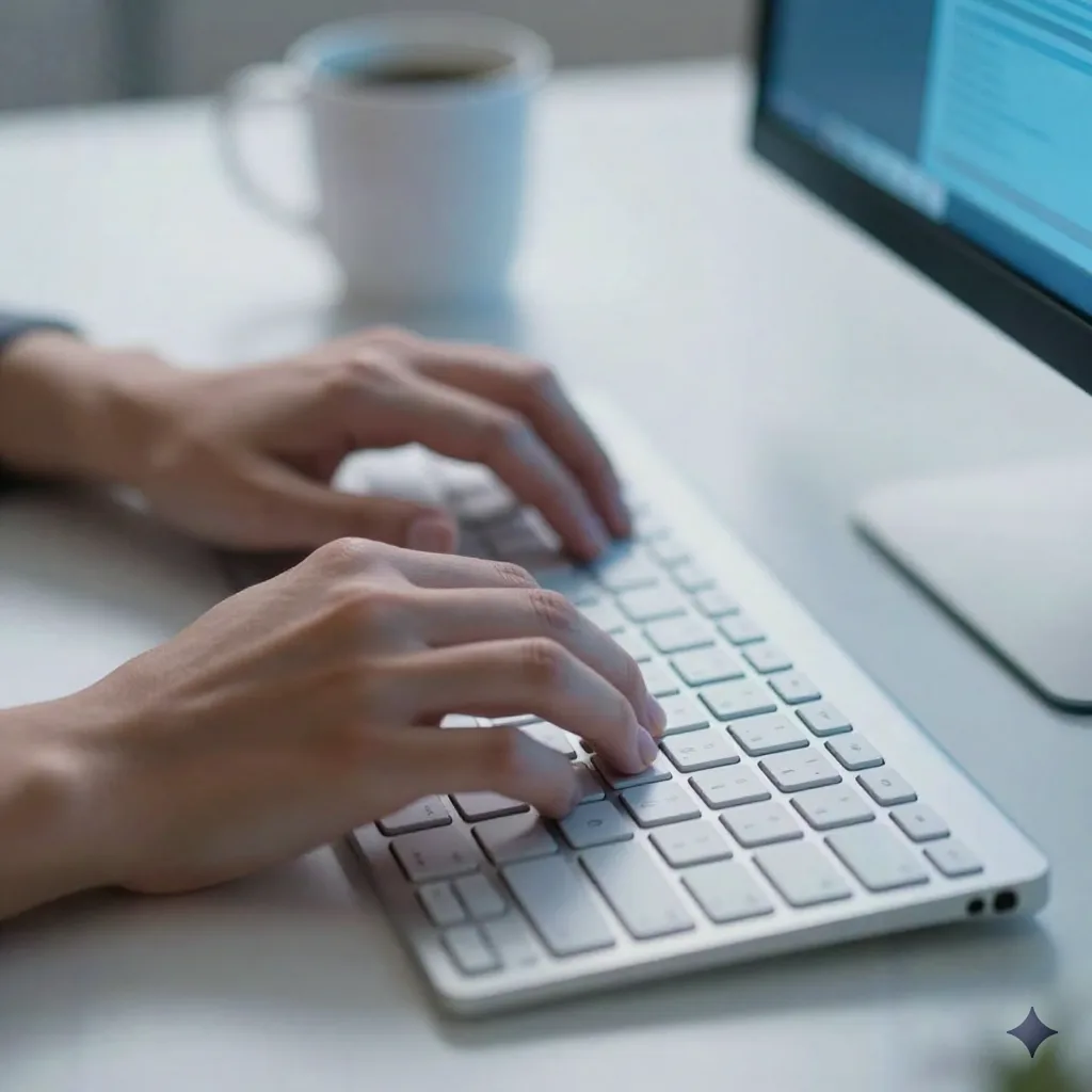 Hands typing on a laptop keyboard with a soft blue AI screen glow, representing GEO content creation workflow