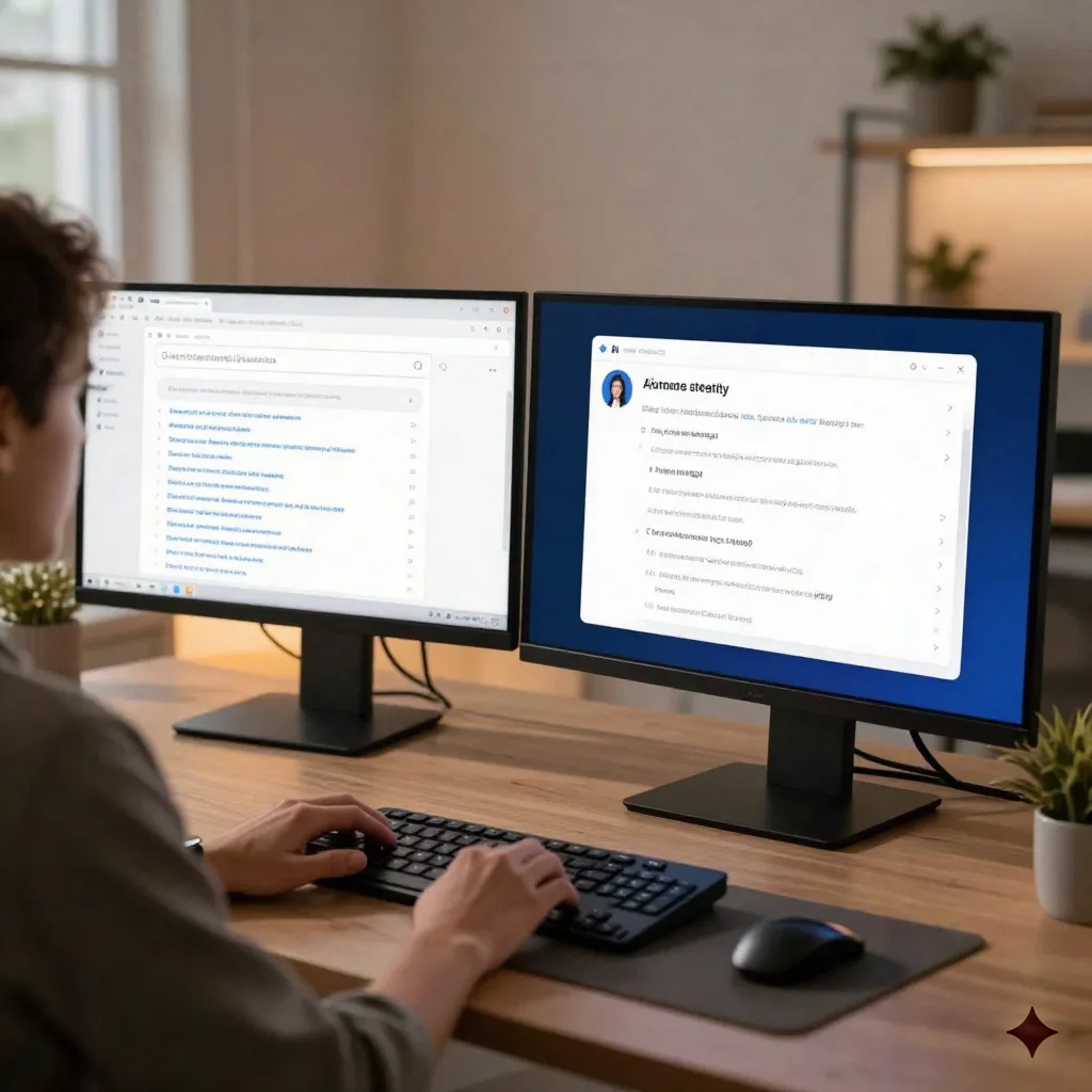 A content strategist comparing traditional search results on one screen with AI assistant responses on another, illustrating the shift from SEO to GEO