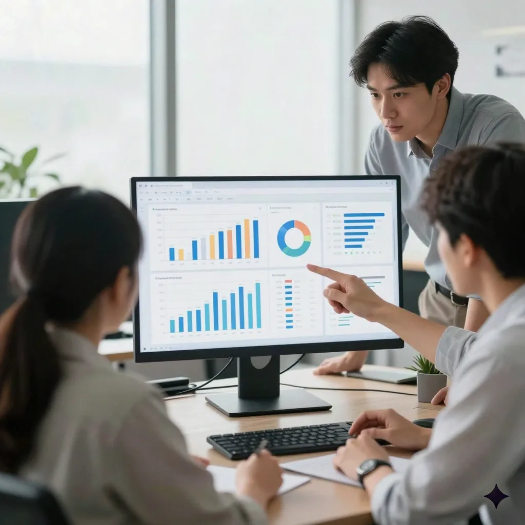 A marketing team reviewing AI search visibility analytics on a large screen in a modern office, measuring GEO performance
