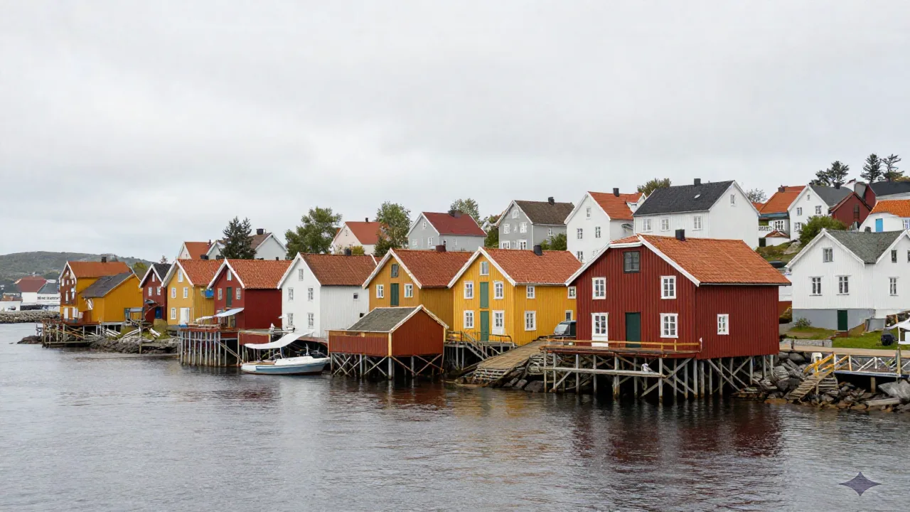 Small Scandinavian harbor town with colorful wooden houses along the waterfront under soft overcast light