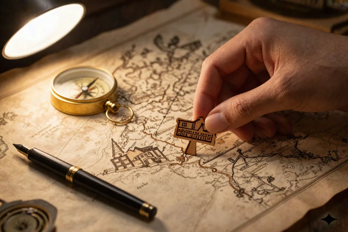 A cartographer placing a small wooden town marker on a fantasy-style parchment map