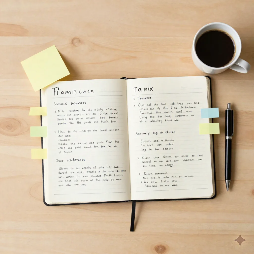 Flat lay of a content planning notebook used to structure topic clusters