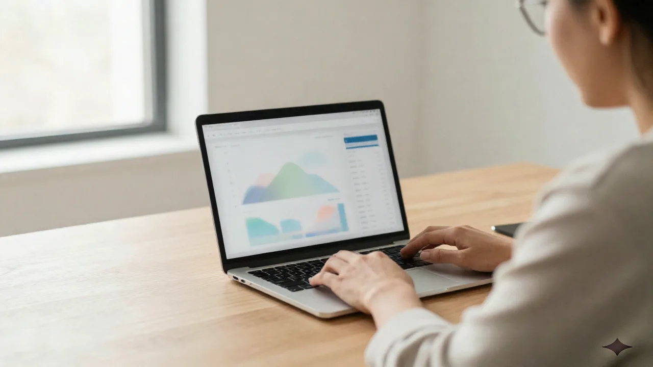 Content-Strategin überprüft einen AI-gestützten redaktionellen Workflow an einem hellen Schreibtisch
