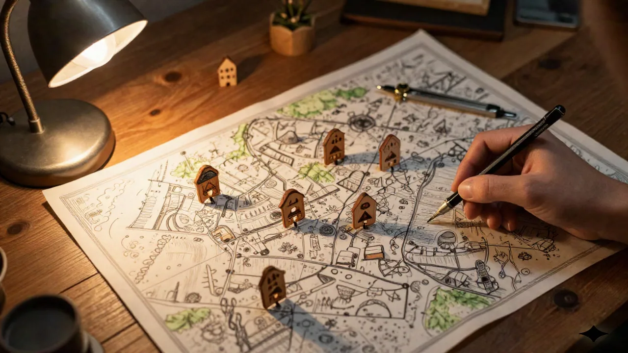 Hand-drawn fantasy map on a desk with small wooden town markers, used to illustrate the town name generator tool