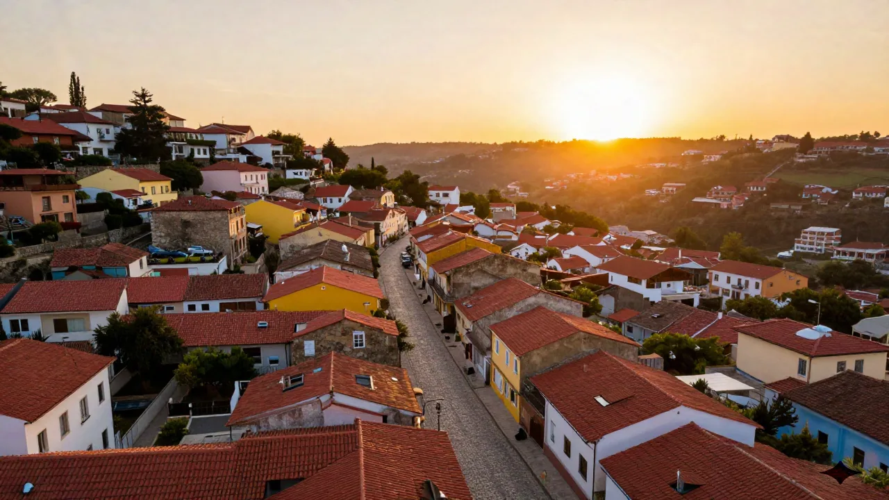Aerial view of a colorful hillside old town at golden hour, illustrating the kind of place a generated city name might describe