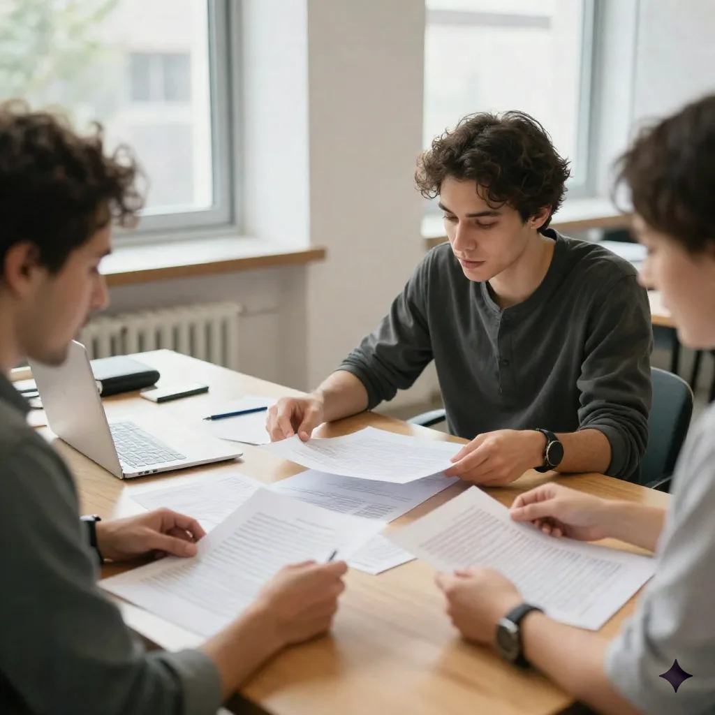 Small editorial team reviewing article drafts before publishing