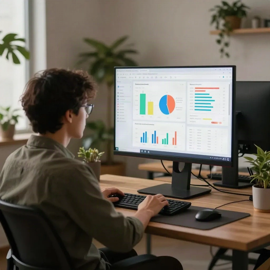Spesialis strategi konten meninjau kinerja kata kunci dan analitik pencarian di monitor besar