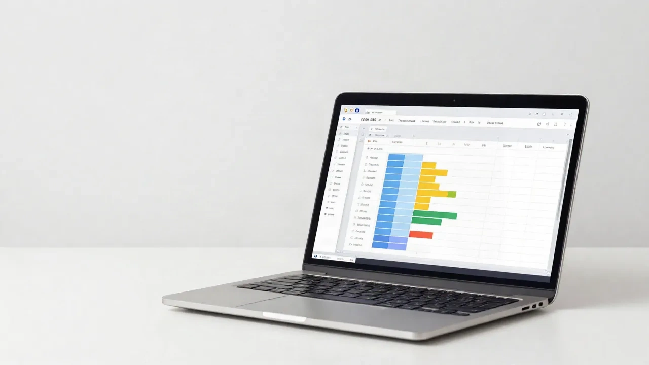 Espace de travail minimaliste avec ordinateur affichant des graphiques analytiques et un tableur à lignes colorées