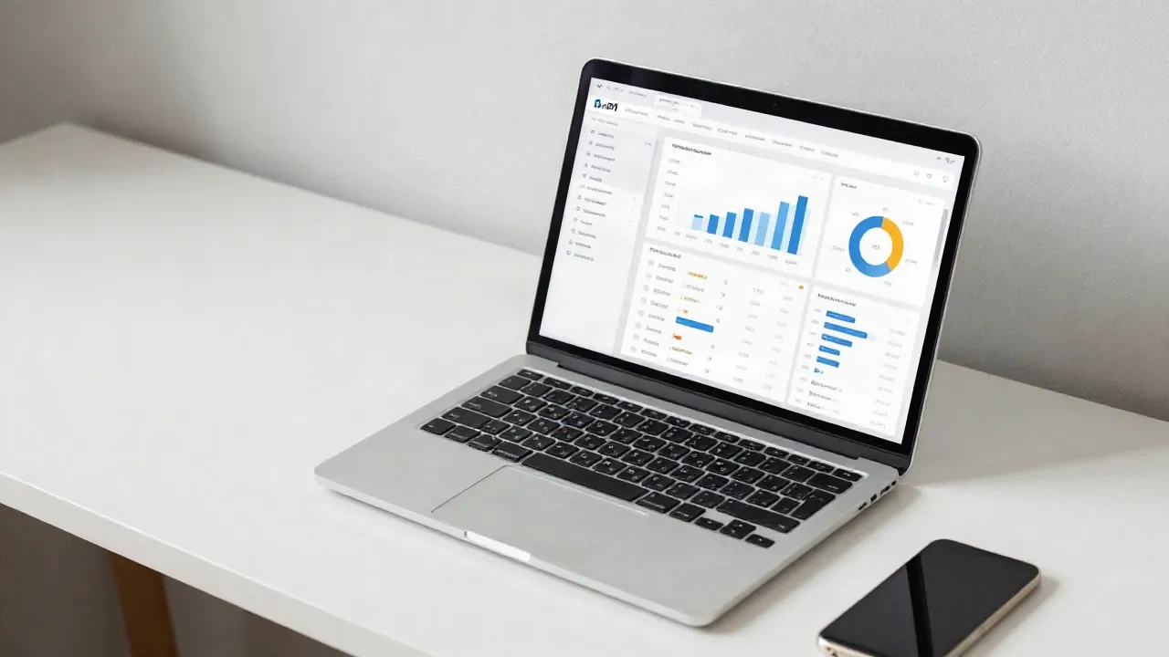 Laptop showing analytics dashboard on a clean professional desk, programmatic SEO workflow