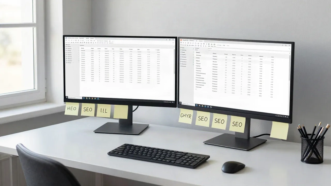 Une stratège de contenu travaillant à un bureau éditorial minimaliste avec données de mots-clés et matériel de planification de contenu