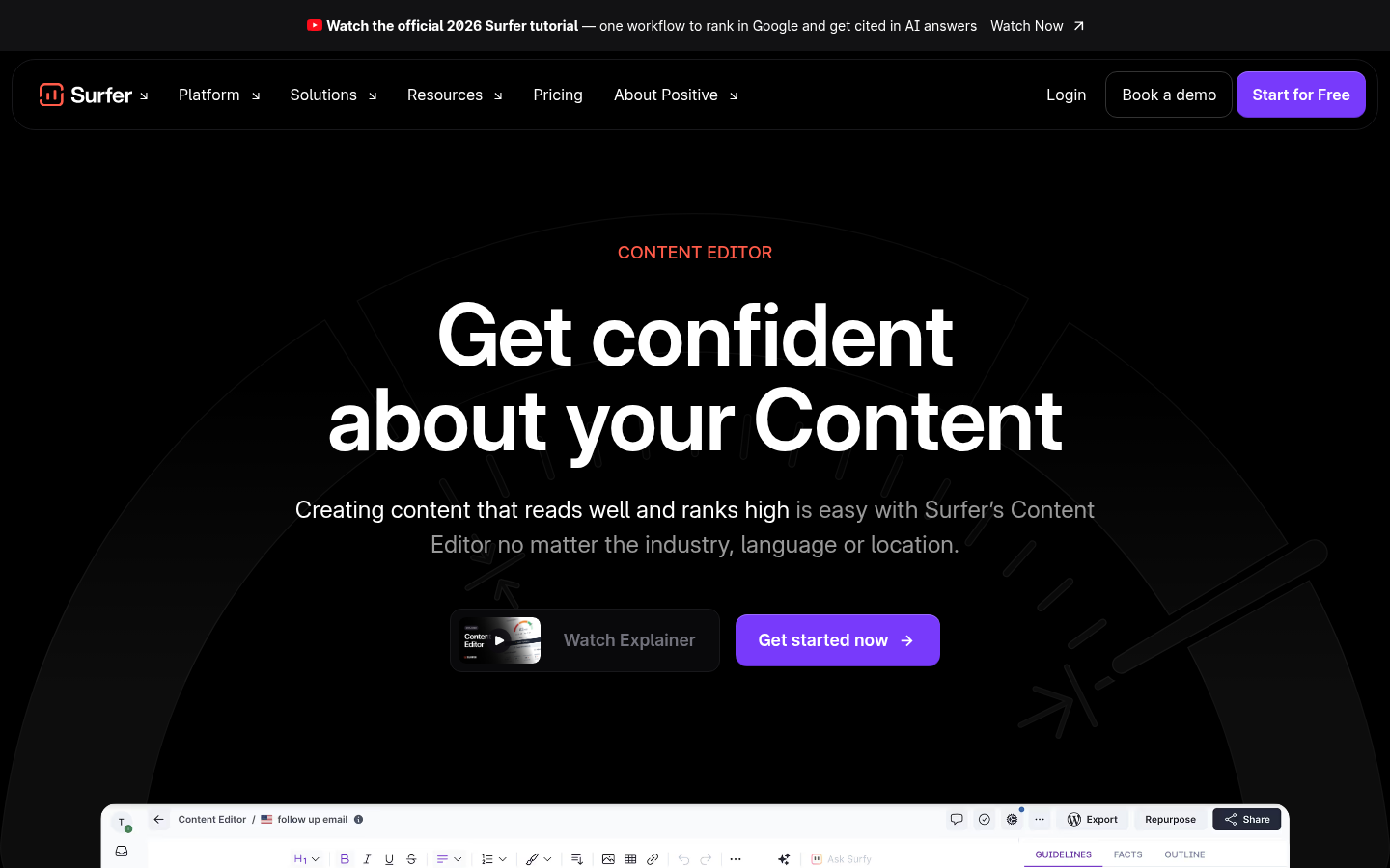 Surfer SEO Content Editor showing a real-time score and NLP term sidebar