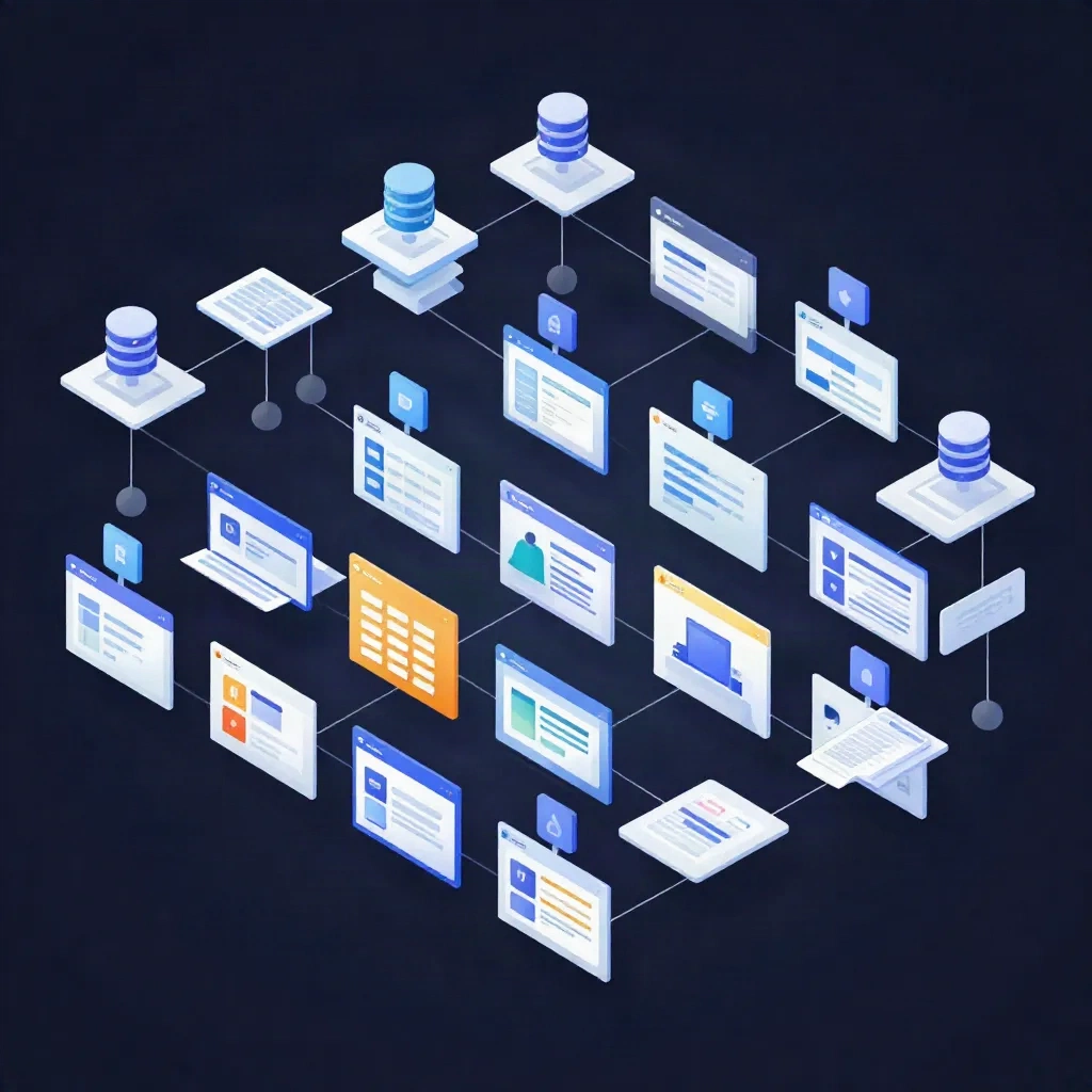 Grid of programmatic SEO pages generated from a central database, illustrating scale