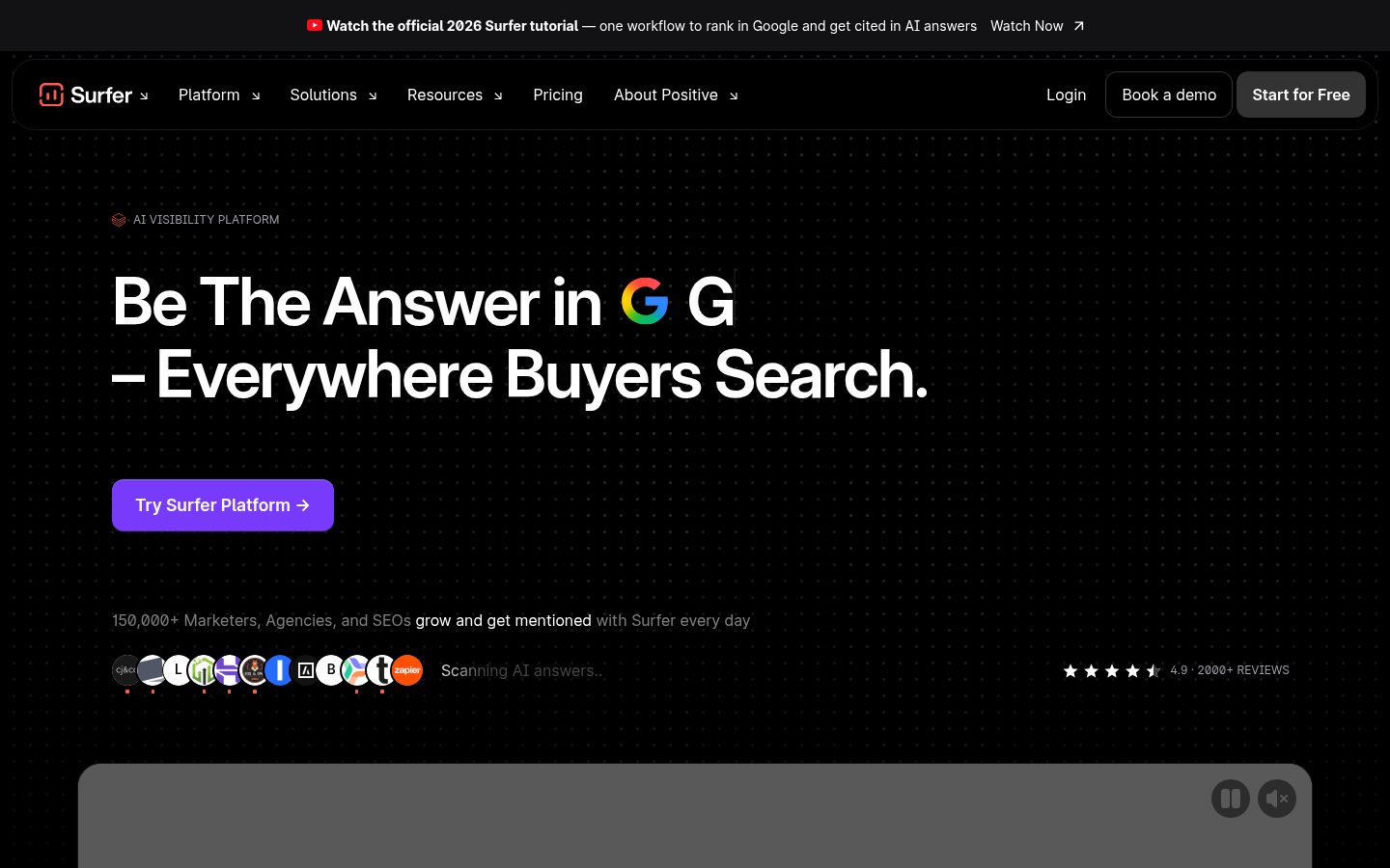 Surfer SEO Homepage, KI-Sichtbarkeits-Plattform für Google und KI-Such-Rankings