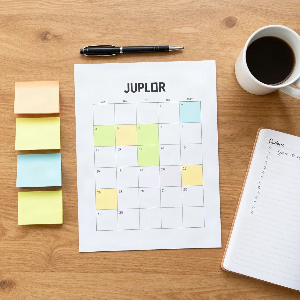 Pandangan overhead ruang kerja perencanaan konten dengan cluster kata kunci berkode warna dan kalender editorial