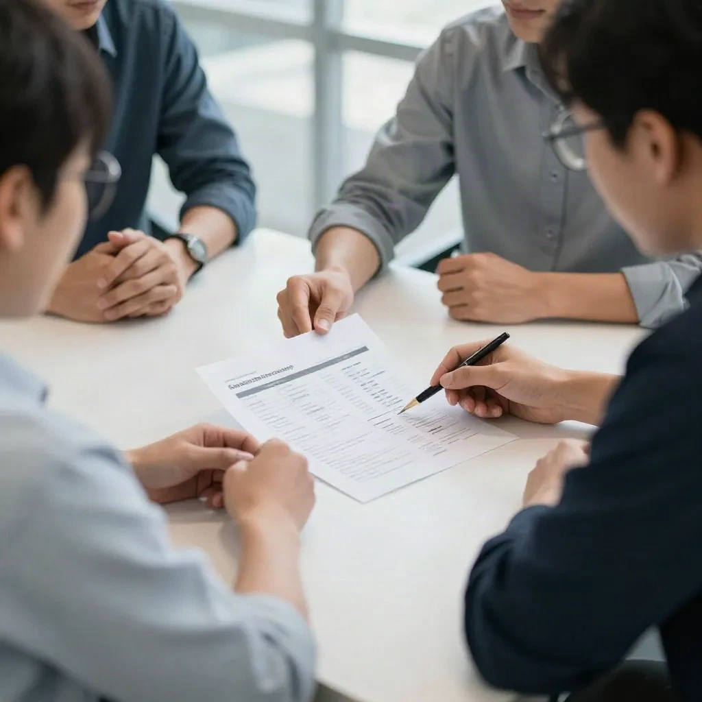 Team gathered around a table reviewing a printed competitor report with a pen