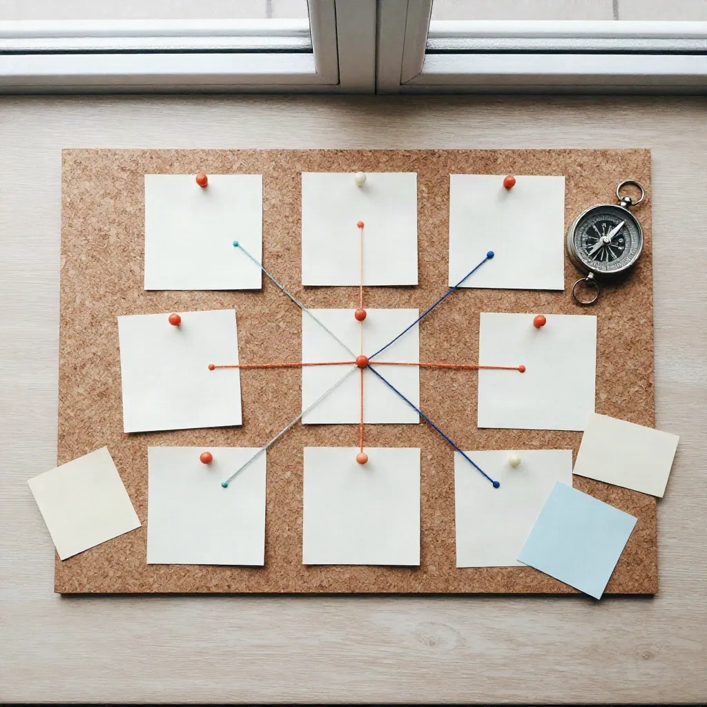 Brand strategy session with index cards and connections pinned to a cork board