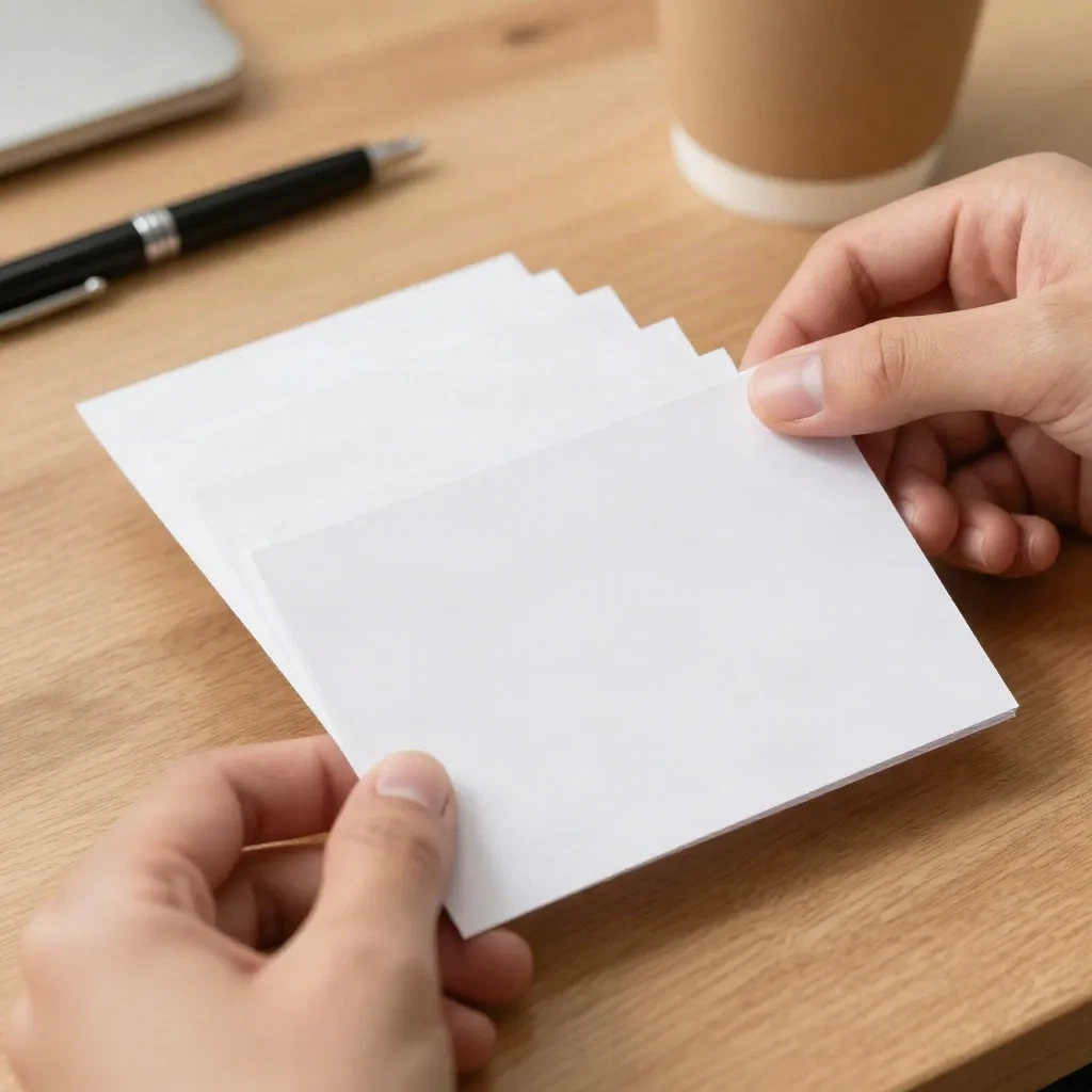 Hands arranging a row of blank index cards on a wooden desk like a set of battlecards