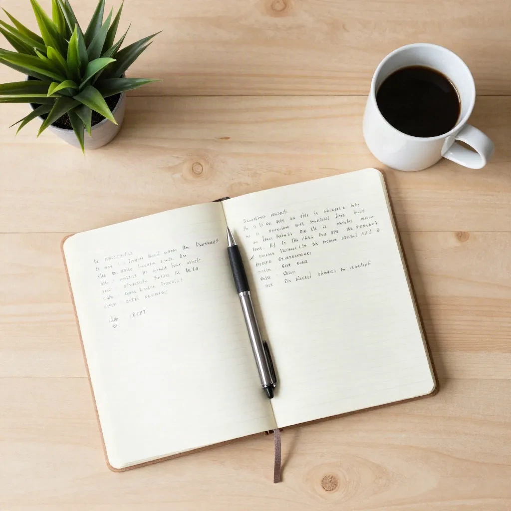 Scandinavian editorial flat-lay with notebook, coffee mug, and pen for content audit planning