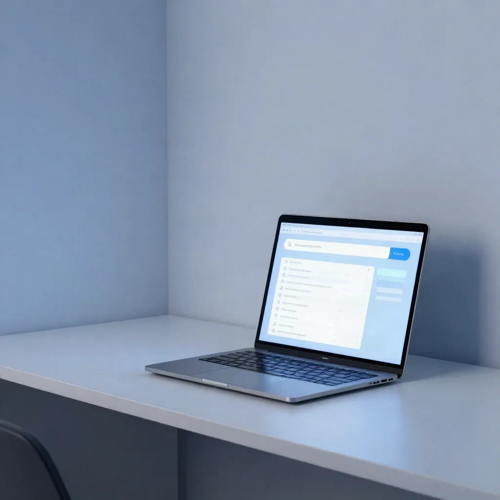 Minimal home office workspace with laptop showing AI search interface for AI readiness audit