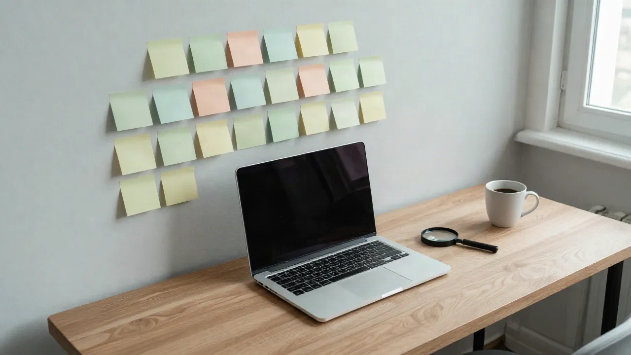 Schreibtisch mit Laptop, Lupe und pastellfarbenen Haftnotizen an der Wand, ein Workspace für Competitive Intelligence