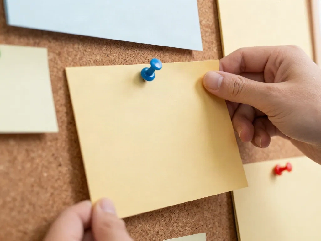 A hand pinning a blank card to a cork board among other draft cards