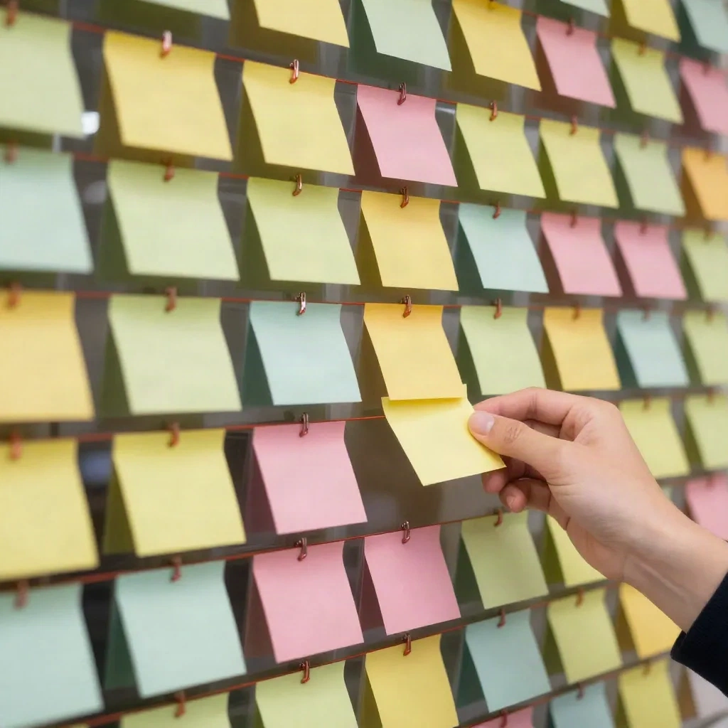 Hand placing a sticky note on a wall grid of clustered competitor notes