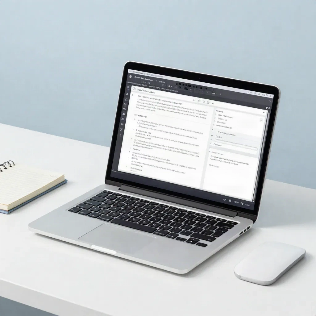 Laptop-Bildschirm mit einem Texteditor und einem in Arbeit befindlichen Dokument, das den KI-gestützten Schreib-Workflow zeigt