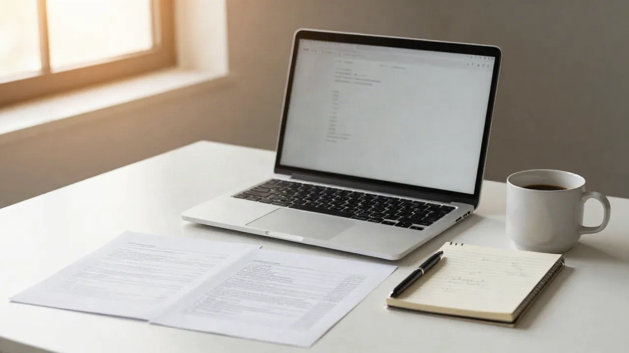 Un workspace editoriale ordinato con laptop, documenti stampati, blocco note e tazza di caffè che rappresenta la scrittura di un comunicato stampa