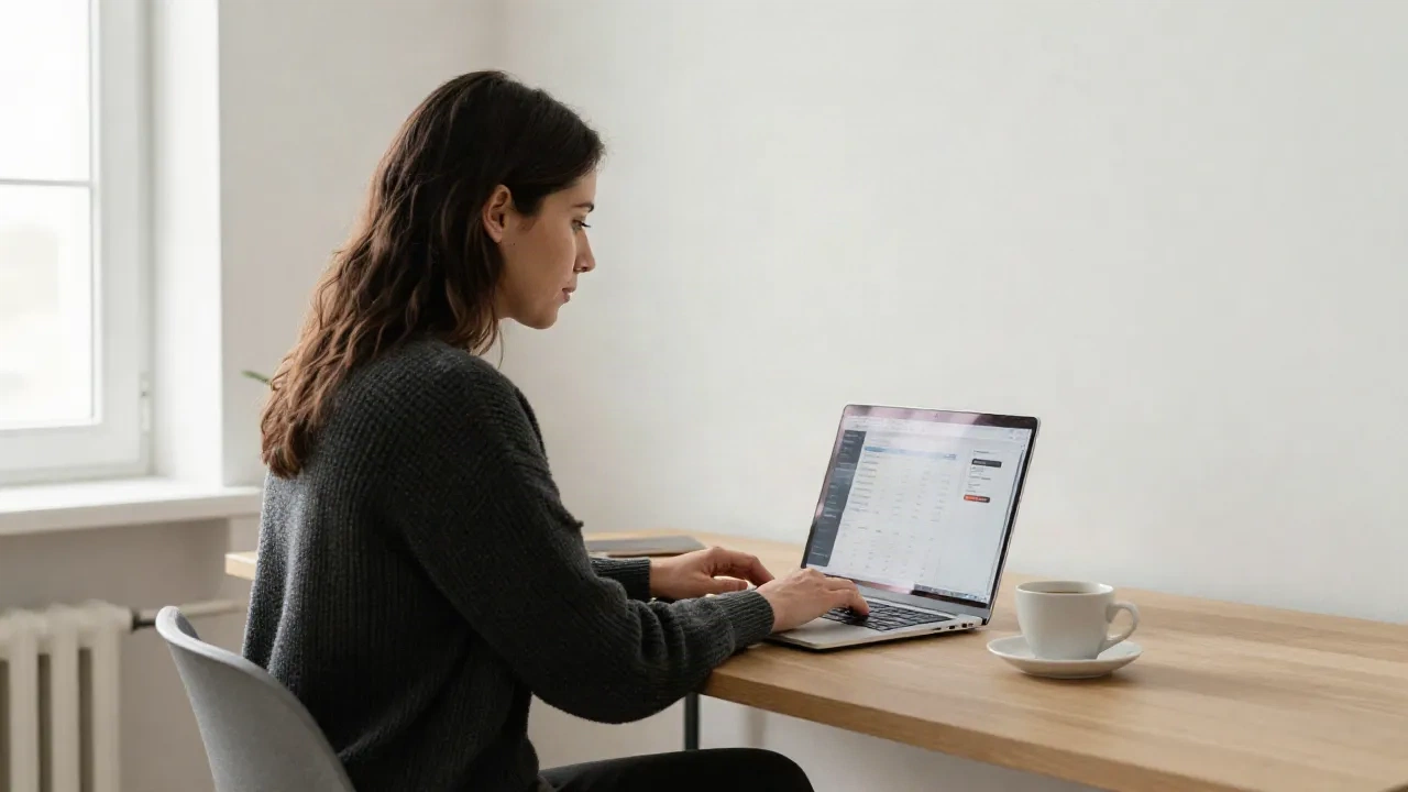 Content strategist reviewing website analytics on laptop at a minimal desk -- SEO audit checklist