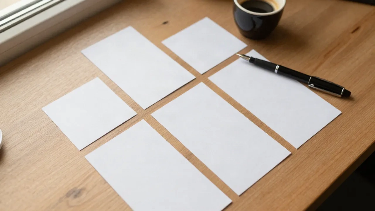 Blank index cards, a fountain pen, and an espresso cup laid out on a wooden desk