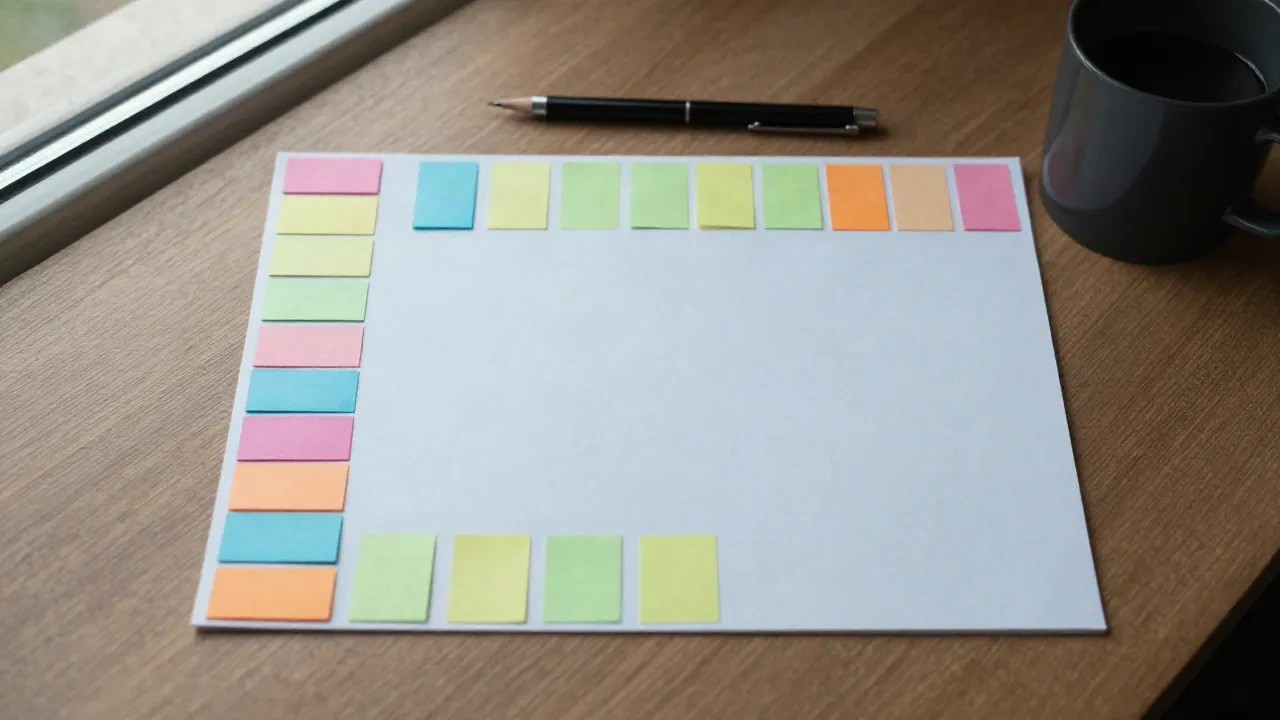 Hoja de plan de lanzamiento en blanco enmarcada por notas adhesivas de colores sobre un escritorio de madera