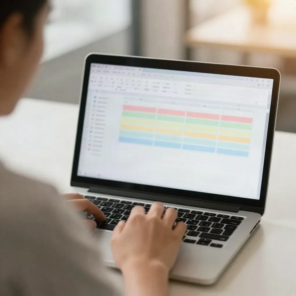 Person typing at a laptop showing a colour-coded planning spreadsheet