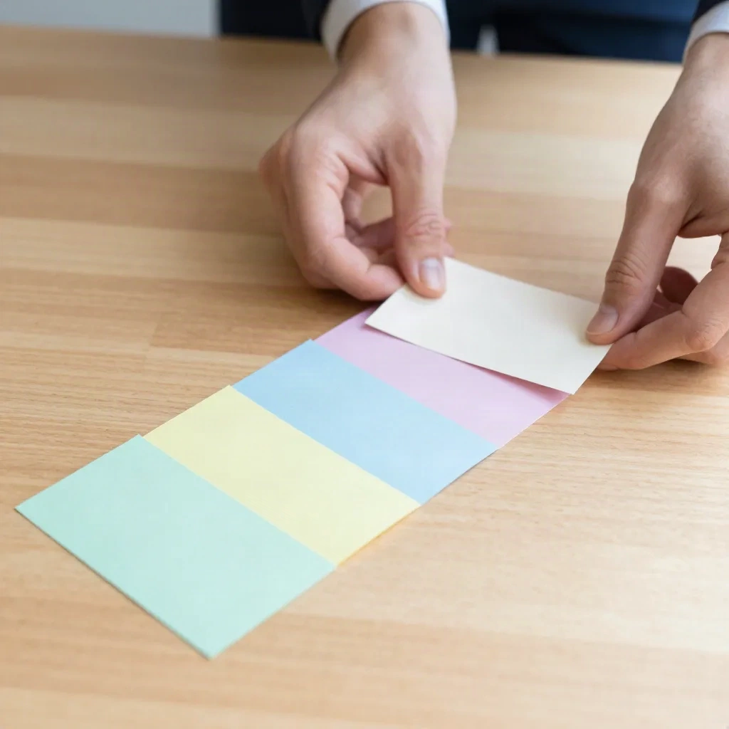 Hands placing pastel paper cards in a row on an oak table, one card per channel