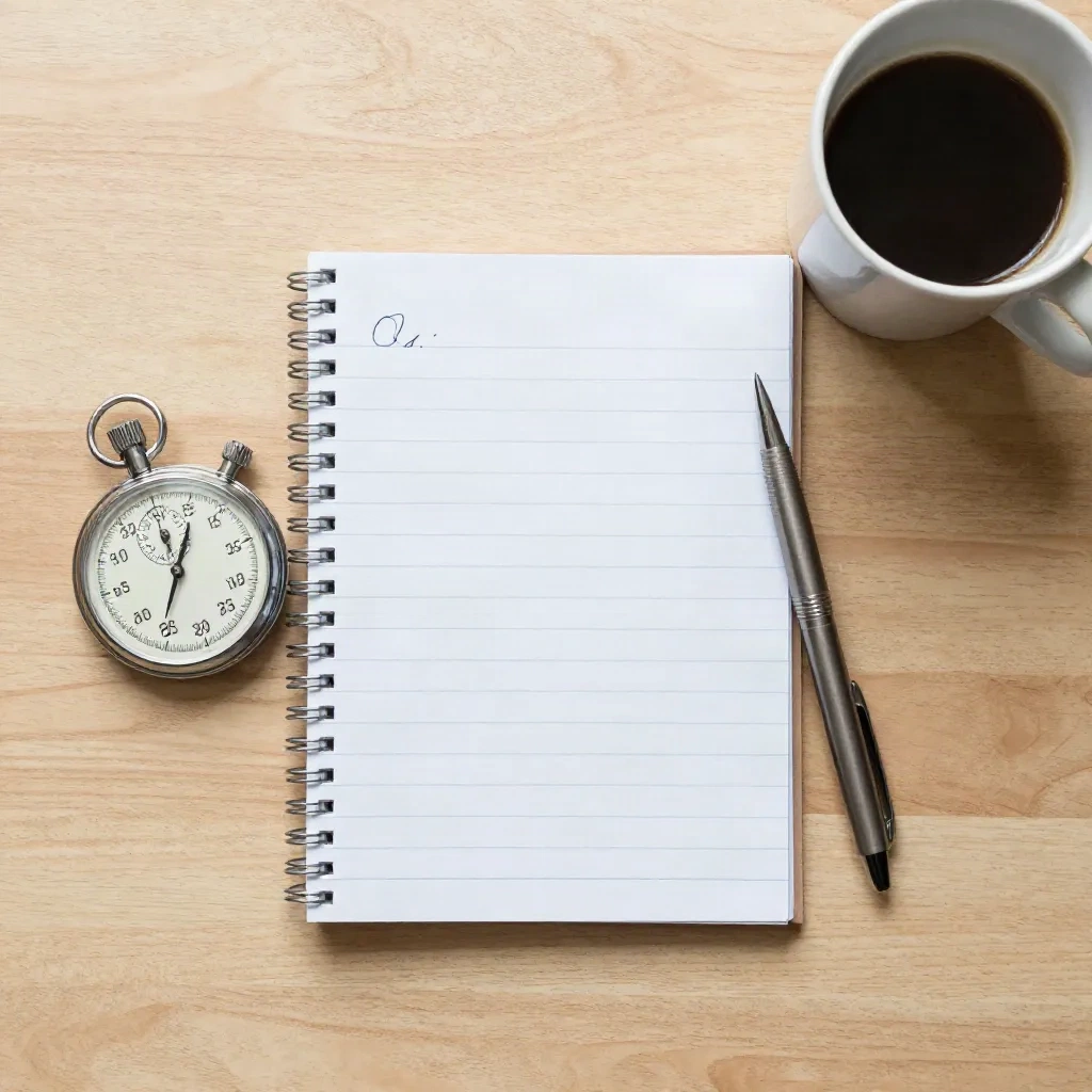 Index card, stopwatch and coffee on a desk, preparing a 30-second pitch